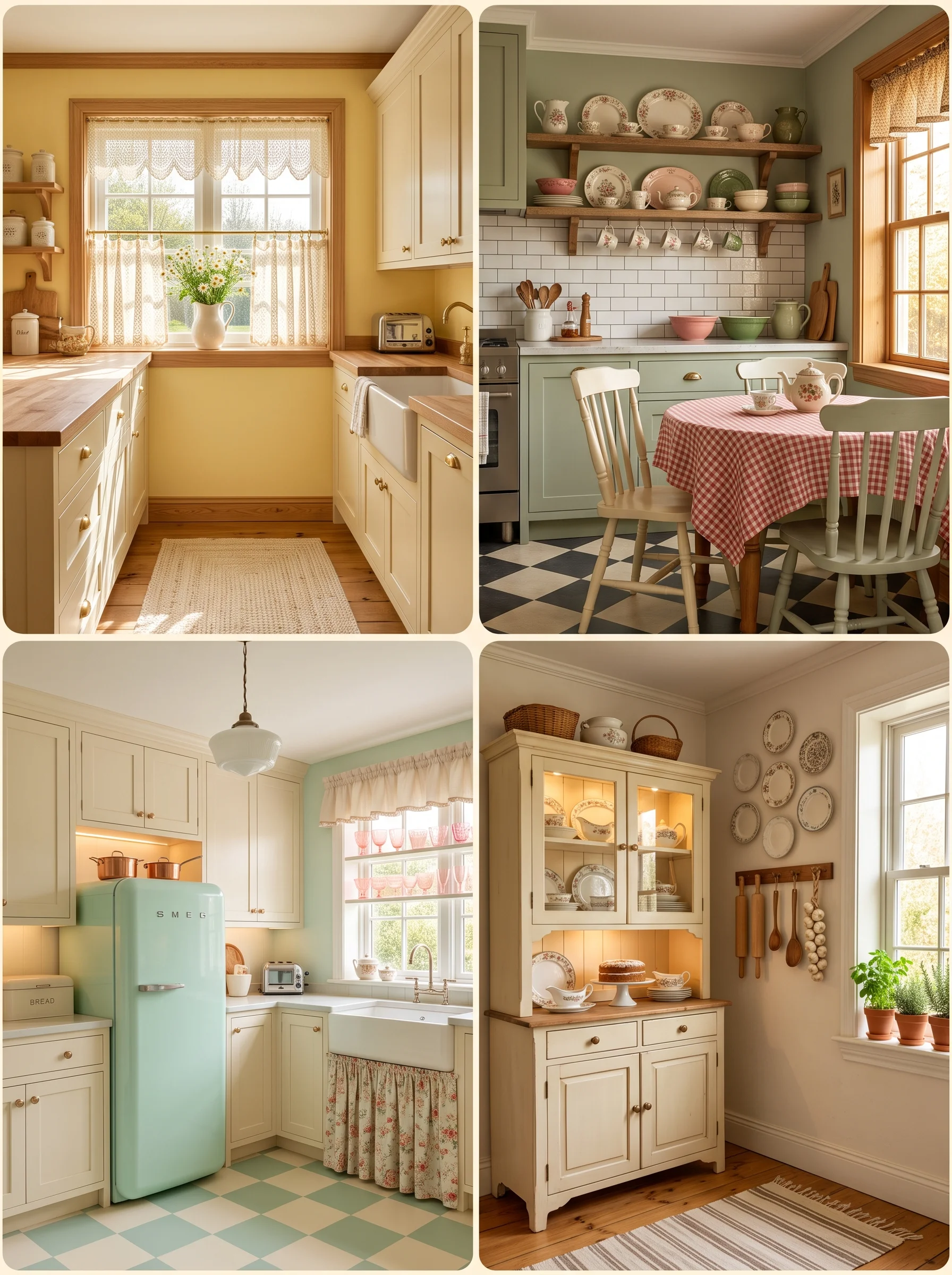 cozy grandma core kitchen aesthetic vintage dishes and lace curtains