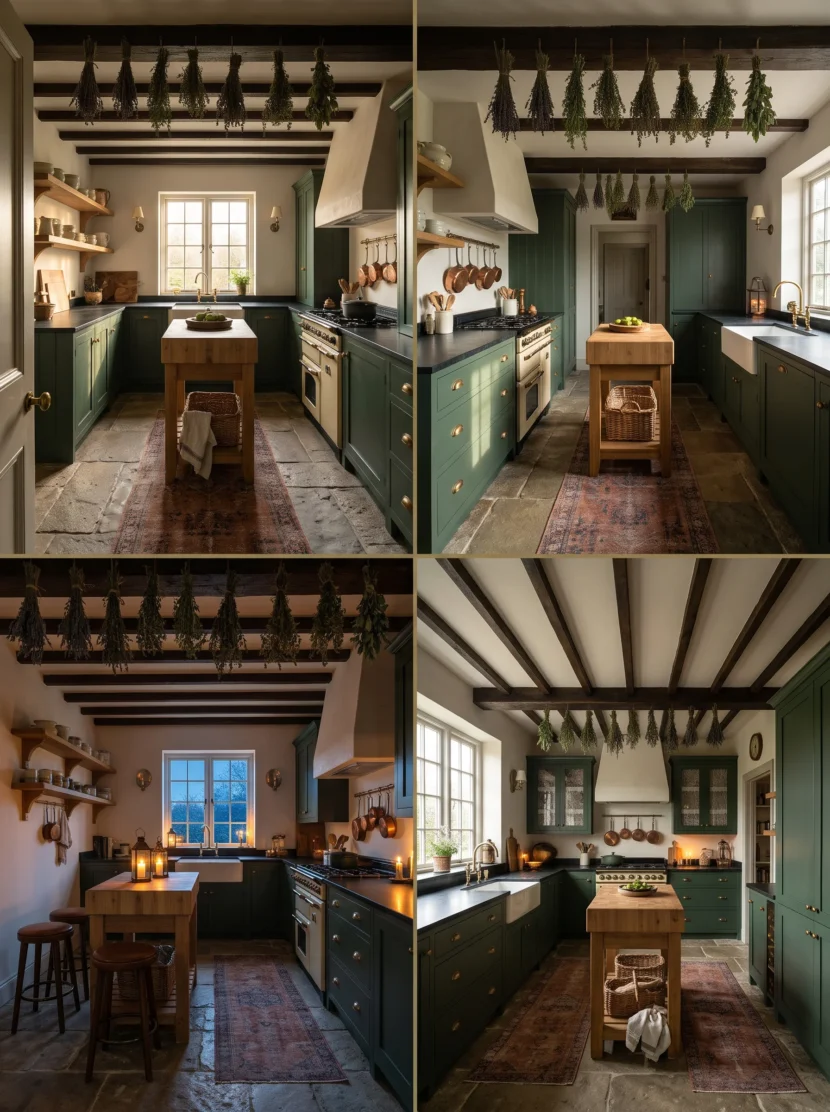 Dark Cottagecore Kitchen with Forest Green Cabinets and Dried Herbs for a Magical Woodland Feel dark cottagecore kitchen with forest green cabinets and dried herbs