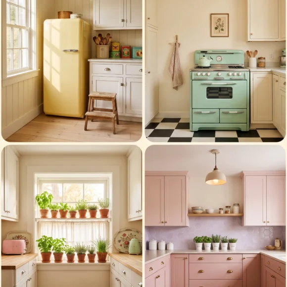 grandma core kitchen ideas with pastel appliances and herb pots
