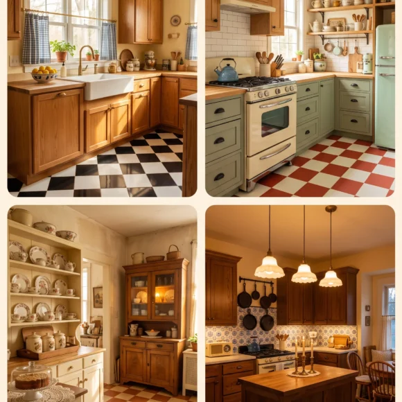 nostalgic grandma core kitchen with checkered floors and wood cabinets