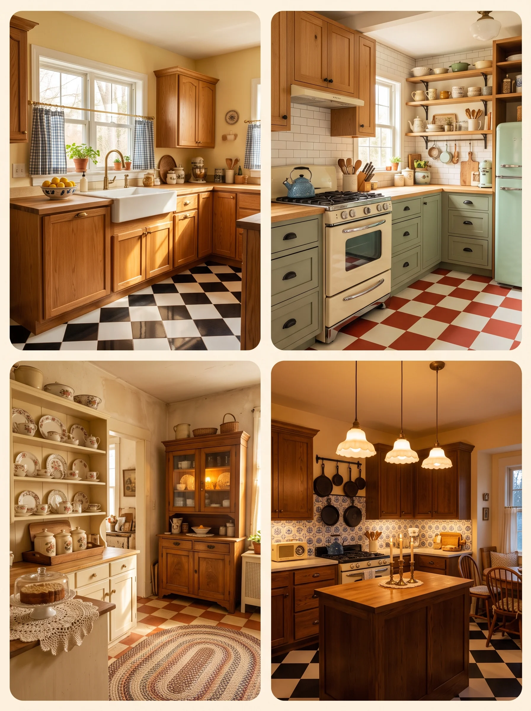 nostalgic grandma core kitchen with checkered floors and wood cabinets